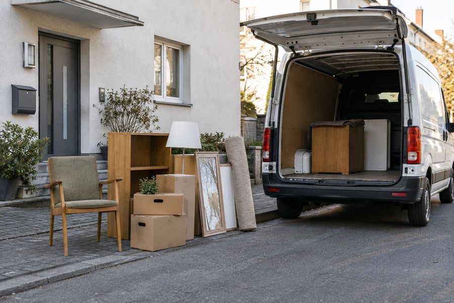 Sperrmüll vor einem Wohnhaus und ein Transporter